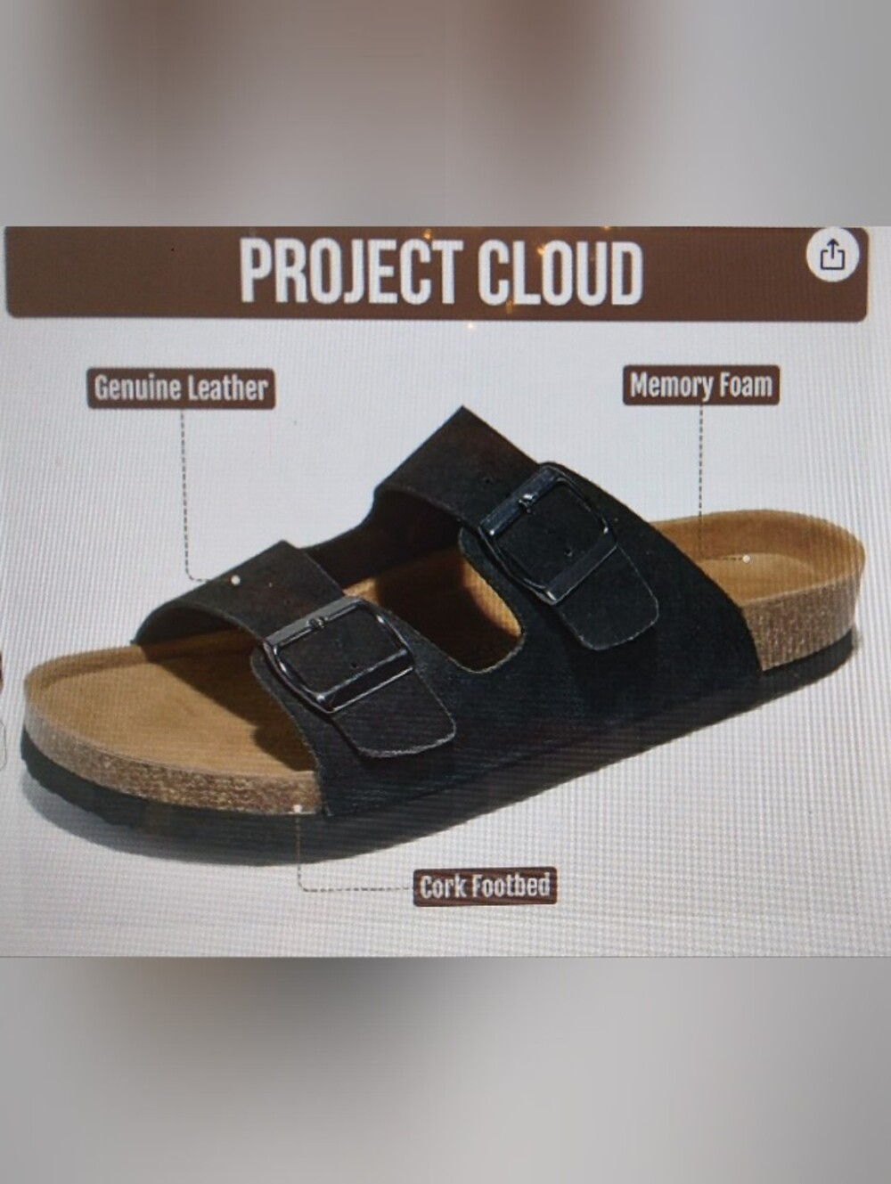 Project Cloud Black Suede Arizona Dual Buckle Cork Footbed Memory Foam Sandals